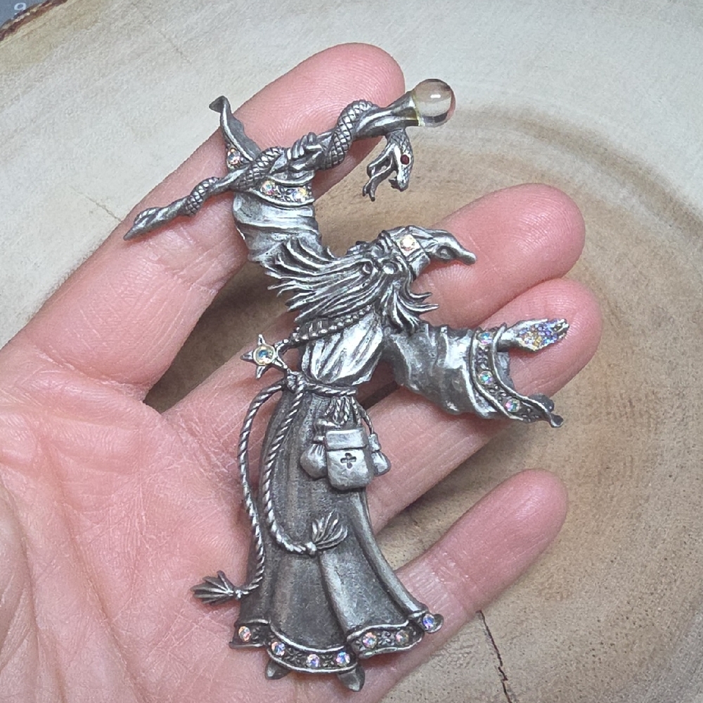vintage pewter brooch is a JJ Jonette Snake Sorcerer Wizard Pin